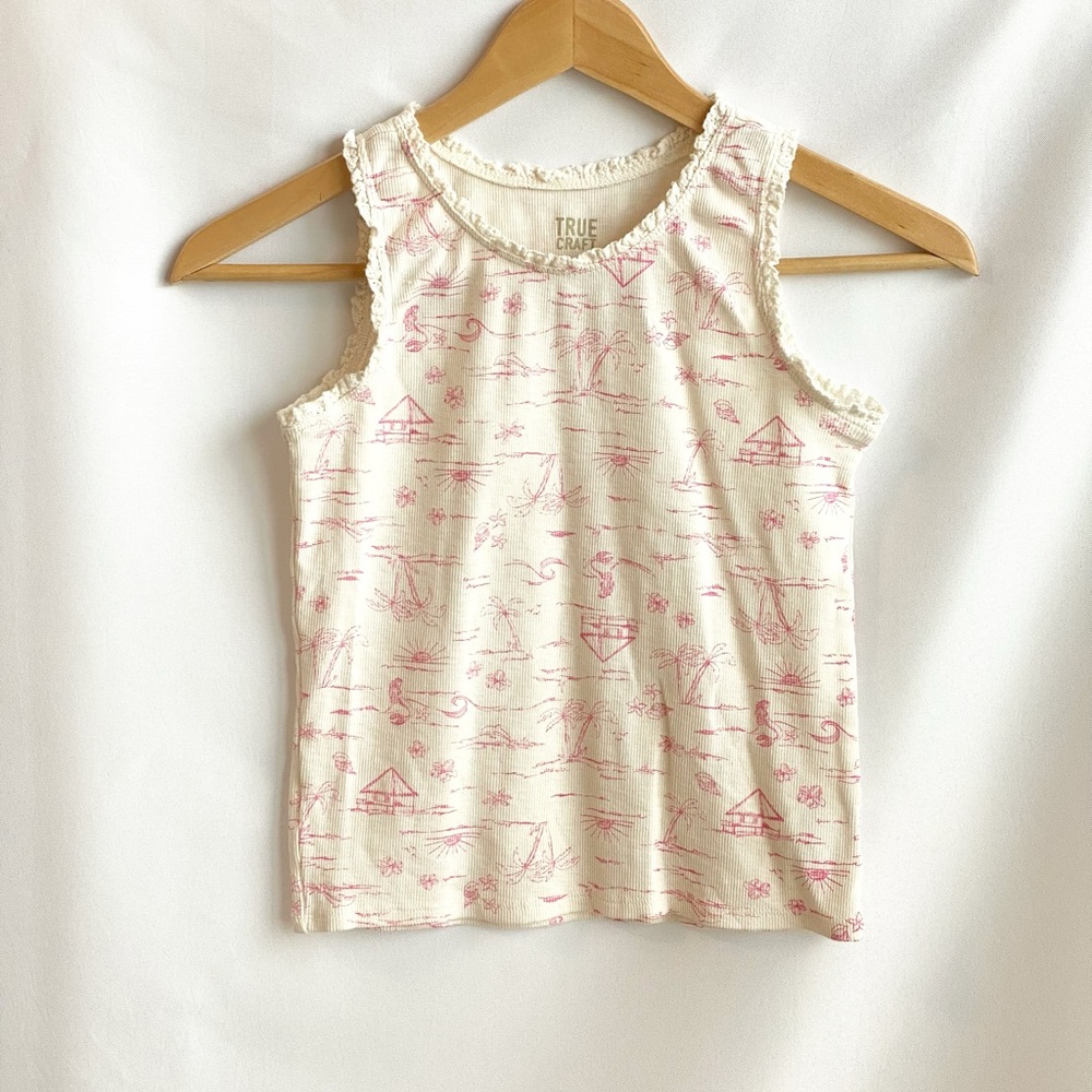 Kids True Craft Cream Tropical Tank Top w/ Pink Print & Ruffle Trim Size 8 - Picture 2 of 9